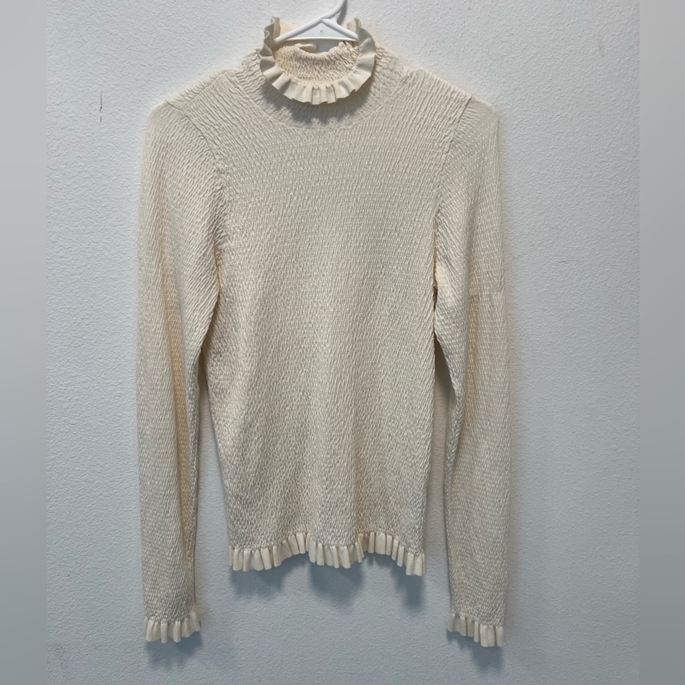 Rachel Parcell Ivory Smocked Ruffle Trim Long Sleeve Top Size L